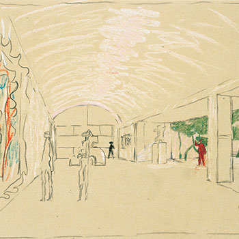 a 1967 sketch of an exhibition inside the Louis I. Kahn building