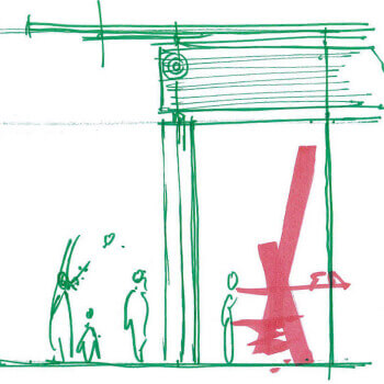 an architectural sketch of the Renzo Piano Pavilion and figures