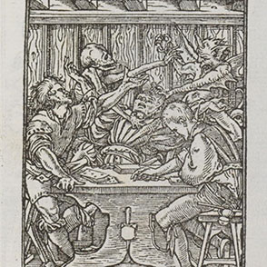 a woodcut of gamblers by Hans Holbein