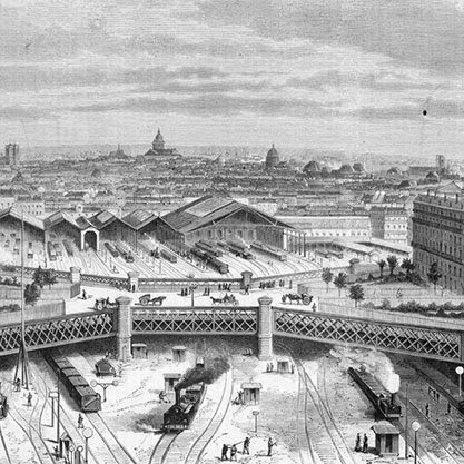 an engraving by Auguste Lamy titled Paris, Bridge Erected on the Place de l’Europe over the Western Region Railway