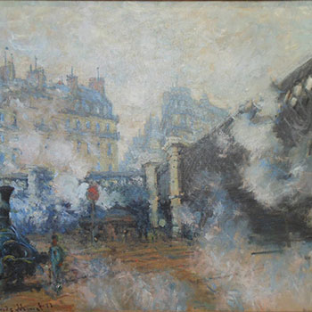 a painting titled Gare Saint-Lazare by Claude Monet in 1877