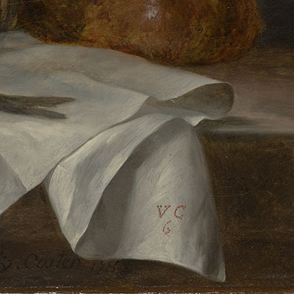 Detail of the linen cloth with monogram in Still Life with Mackerel