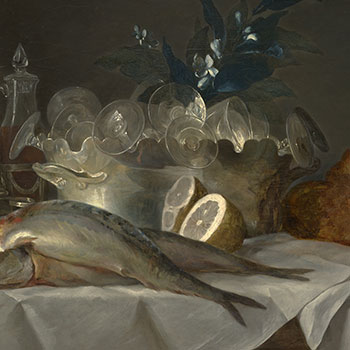 Detail of the silver vessel and glasses in Still Life with Mackerel