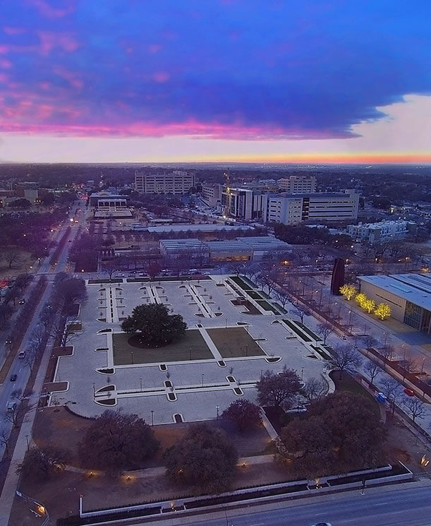 Aerial view looking west of the Kimbell’s newly completed East Parking